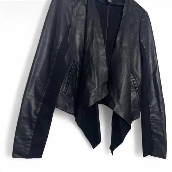 INC Sz S Black Soft Genuine Leather Knit Gore Jacket Asymmetrical Open Front Hem - Picture 6 of 9